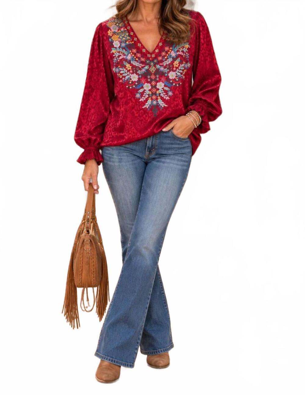 NEW ANDREE BY UNIT embroidered leopard satin blouse in red